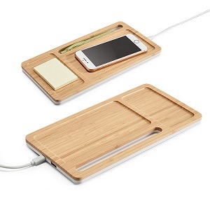 26050-Organizador de mesa em bambu com carregar wireless