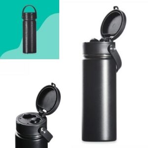 70121-Garrafa térmica inox, 500ml com parede dupla. 70121-Tampa com armazena um par “earbuds” (fones de ouvido “bluetooth”)