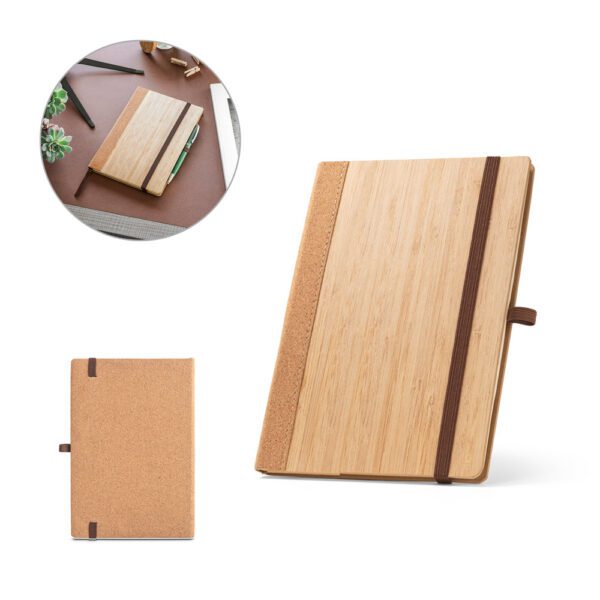 21289-Caderno A5 de capa dura em folha de bambu e cortiça com folhas pautadas