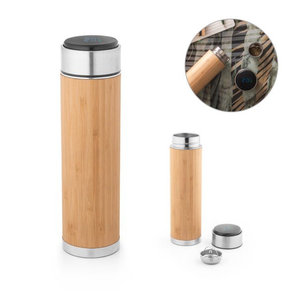 70527-Squeeze térmico em aço inox reciclado e bambu com termómetro digital 430 mL