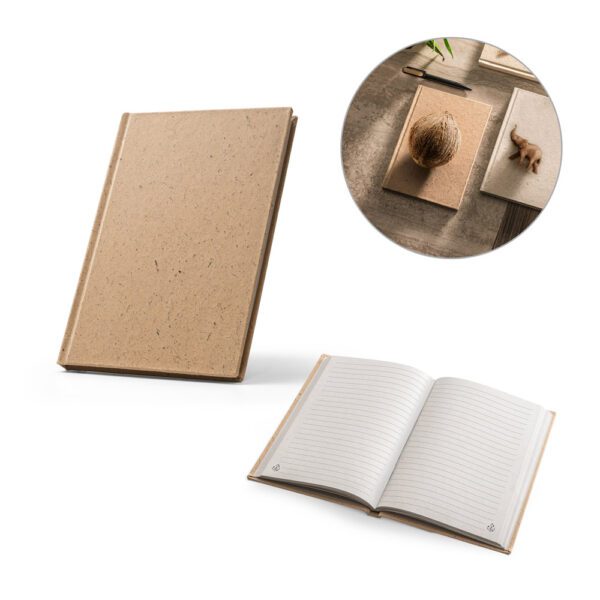 21297-Caderno A5 em casca de coco (60%) e trapos de algodão (40%) com folhas pautadas