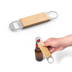 86144-Abridor de garrafas duplo em aço inox com corpo em bambu