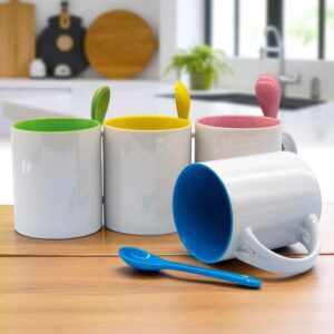 71764-Caneca Cerâmica Reta Colher Interior Colorida 325ml