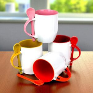 71765-Caneca Cerâmica Curva Colher Interior Colorida 325ml